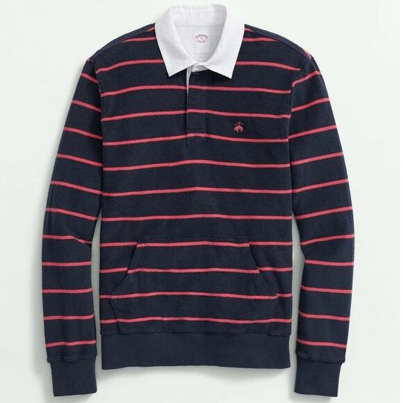 Brooks Brothers Terry Cloth Rugby Shirt Navy Pink Striped Long Sleeve Polo XL - Picture 1 of 14